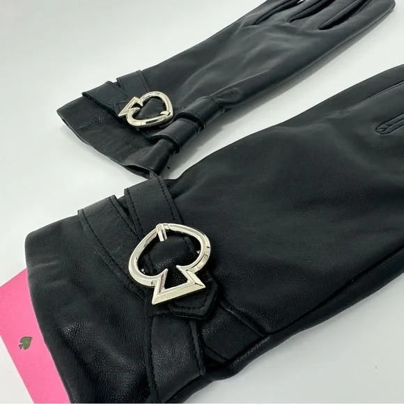 Kate Spade NY Black Lamb Leather Gloves Silver Logo Buckle Sz L - Picture 3 of 8